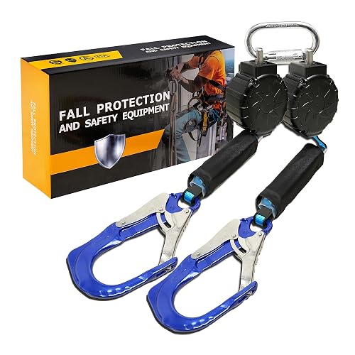 6FT Twin Leg Self Retracting Lifeline Fall Protection Retractable Lanyard | Lightweight Webbing, Shock Absorbing, Dual Aluminum Hooks for Roofing and Construction