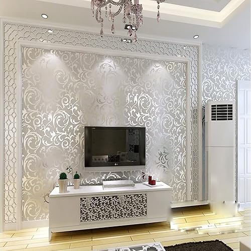 Q QIHANG Sliver Gray Netherland Victorian Damask 3D Embossed Wallpaper | For Living Room,Bedroom,KTV,Bar,TV Wall paper ,Vinyl, PVC, Curve,Non-Pasted Textured Wall paper Roll 0.53m x 10m, 5.3㎡