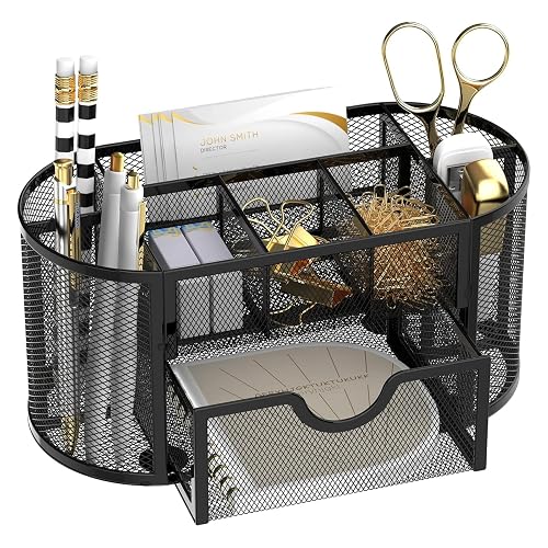 Mesh Desk Organizer with Drawer, 9-Compartment Pen Holder for Desk, Black | Pull-Out Drawer Stores Pens, Pencils, Clips, Notes, and Small Office or School Supplies in One Compact Desk Caddy