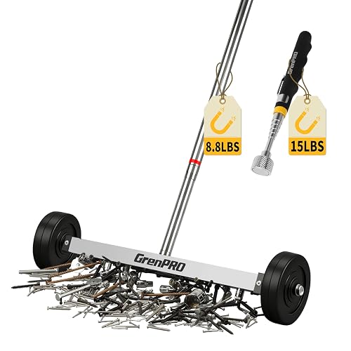 GRENPRO 17 Inch Rolling Magnetic Sweeper with Pickup Tool | 8.8 Lbs Pull Force Collects Nails & Screws, 2-Piece Set for Construction, Workshop, Garage & Yard