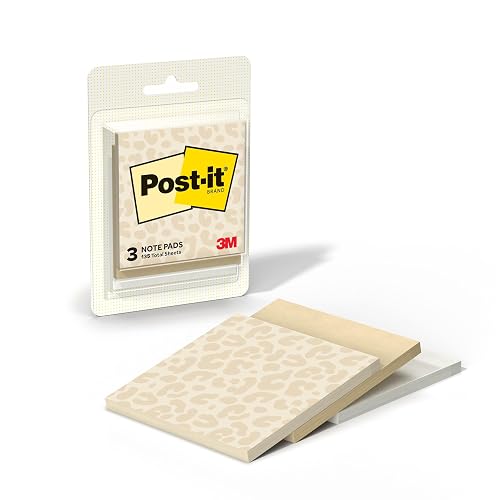 Post-it Polished Patterns, 3 x 3 in, 3 Sticky Notes Pads | Spot On Design Featuring 1 Leopard Pattern, 1 Sand Dune, and 1 Cloud Dancer Sticky Note Pad, 45 Sheets per Pad