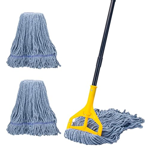 Commercial Industrial Mop with 3 Extra Large Reusable Replacement Head | 59" Long Handle Heavy Duty Wet Mops,Looped-End String Cotton Mop for Floor Cleaning,House,Kitchen,Office,Garage,Tile