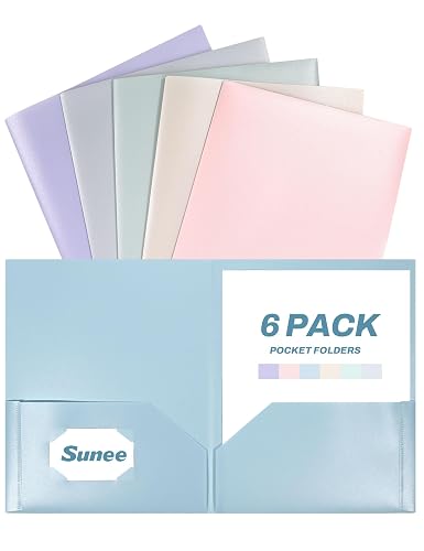 SUNEE Folders with Pockets (6 Pack, Pastel Colors), Plastic Folder with Pocket, Poly Folder for Documents Letter Size, 2 Pocket Folders for Kids, Home, School, Office