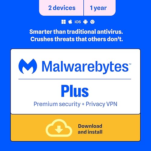 Malwarebytes Standard, Premium Security + VPN Software | 1 Year, 2 Device | Windows, Mac OS, Android, Apple iOS, Chrome [Online Code]