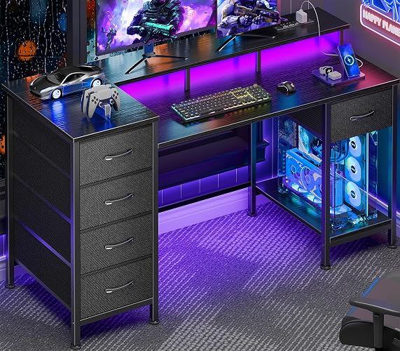 Korfile 47 Inch Gaming Desk with Power Outlets and LED Lights, Reversible Computer Desk with 5 Fabric Storage Drawers, Home Office Desk with Monitor Stand for Working Writing Study, Black | Gaming desk with power outlets &LED lights,reversible design with 5 storage drawers,fits 47-inch, monitor stand,black