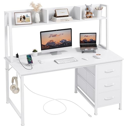 DLisiting White Computer Desk with Hutch & Drawers - 47 Inch Modern Study Writing Office Desk with 3 Storage Drawers and Power Outlets for Bedroom Home Office