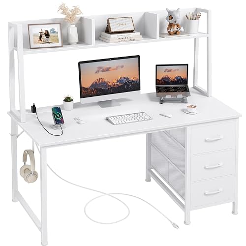 DLisiting White Computer Desk with Hutch & Drawers, 47 Inch | Modern Study Writing Office Desk, 3 Storage Fabric Drawers, Power Outlets, For Bedroom Home Office