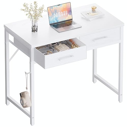 Pamray 32 Inch Small Computer Desk with 2 Drawers for Bedroom Study Writing Home Office Table for Small Spaces White