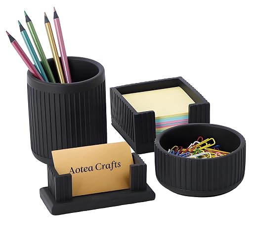 Set of 4 -Concrete Office Desk Accessories for Men-Modern Industrial Decor | Aesthetic Desk Organizers-Pen,Business Card,Sticky Note &Paper Clip Holders