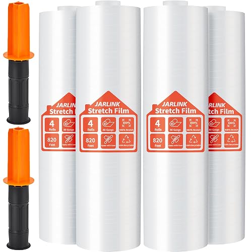 JARLINK Stretch Film, 15" x 820' Shrink Wrap for Pallet Wrap, 80 Gauge | Industrial Strength Stretch Wrap up to 800% Stretch with Handles, Moving Wrapping Plastic Roll, 4 Pack
