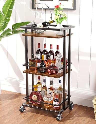 OKZEST 3-Tier Bar Cart for Home, Mini Rolling Liquor Cabinet & Serving Cart | Small alcohol coffee bar cart for party, Holds wine, liquor, beverage, glassware, shaker, coffee supplies, Rustic farmhouse