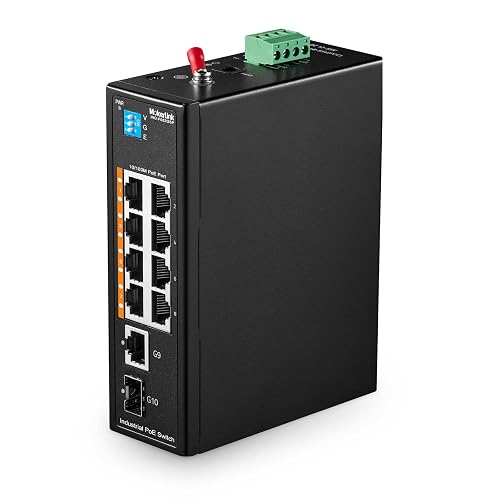MokerLink 10 Port PoE Industrial Din Rail Switch, 8 Ports PoE+ 100Mbps IEEE802.3af/at, 1 Gigabit Ethernet and 1 SFP Uplink, Vlan & Extend Mode, DIN-Rail & Wall Mount