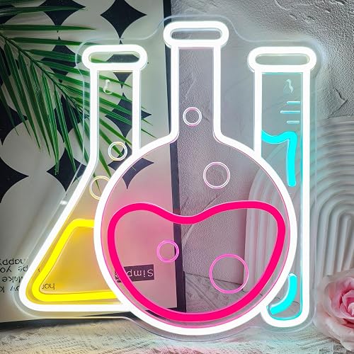 Science Neon Sign Chemical Flask Neon Light Dimmable Beaker Light Up Sign | USB Powered Lab Wall Decor for Science Classroom Bedroom Office Sturdy Room Scientist Presents Student Teacher Science Lover