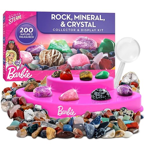 Barbie™ Rock Collection Box with 200 Rocks, Minerals, Crystals, and Geode | 200 Rocks, Minerals, and Crystals, Break-Open Geode, Rough and Tumbled Stones, ID Guide, Geology STEM, The STEAM Lab
