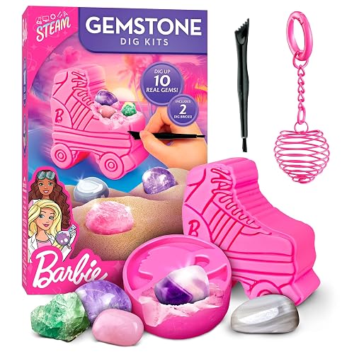 Barbie™ Gemstone Dig Kit with 10 Real Gems and Crystals for Kids Ages 4+ | 10 Real Gems and Crystals, 2 Pink Dig Bricks, Make a Keychain, Magnifying Glass, Rock Collection, The STEAM Lab