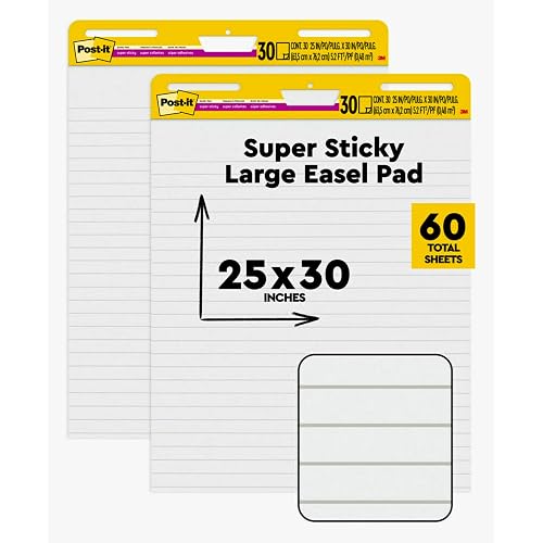 Post-it Super Sticky Easel Pad, 25 x 30 in, White Lined, 2 Pads | Premium Self Stick Flip Chart Paper, Teacher Anchor Chart, Super Sticking Power