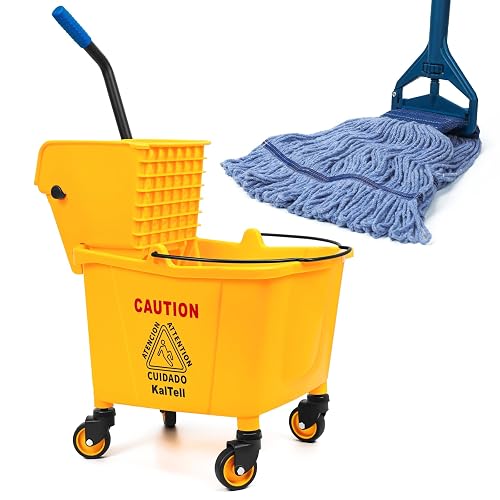 35 Quart Commercial Mop Bucket with Side Press Wringer on Wheels and 1 Industrial Mop for Floor Cleaning, Use at Home Business Area, Janitorial Supplies, Rectangular