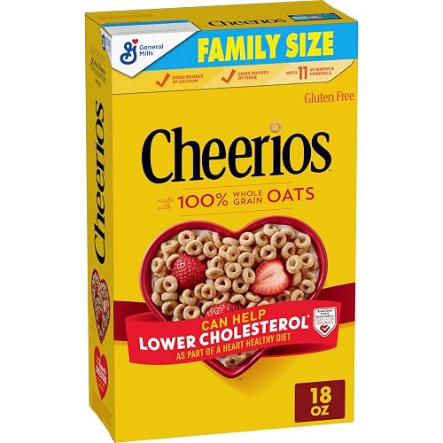 Cheerios, Heart Healthy Gluten Free Breakfast Cereal, Family Size, 18 oz | 100% Whole Grain Oats, Soluble Fiber for Cholesterol, 34g Whole Grain, 11 Vitamins & Minerals