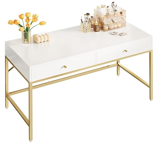 SUPERJARE White and Gold Vanity Desk with Drawers, 47 inch Computer Desk | Modern Simple Home Office Desks, Makeup Dressing Table for Bedroom