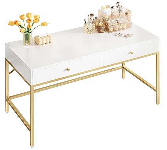 SUPERJARE White and Gold Vanity Desk with Drawers, 47 inch Computer Desk | Modern Simple Home Office Desks, Makeup Dressing Table for Bedroom