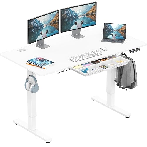 SHW 55 x 28 Electric Height Adjustable Standing Desk w/Drawer, White | w/ Memory Presets and Cable Management | Drawer with adjustable compartments | Hanging Hooks