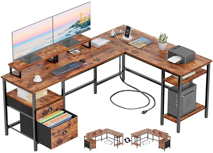 Furologee 66'' L Shaped Desk with Power Outlet and 2 Drawers, Rustic Brown | Reversible Computer Office Desk, Dual Monitor Stand, Fabric File Cabinet, Storage Shelves, for Corner Working Study Table