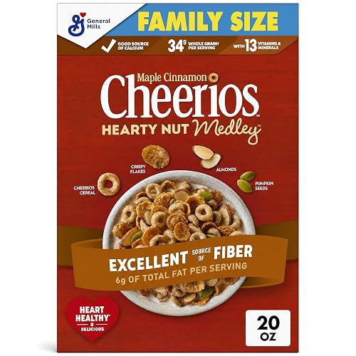 Cheerios Hearty Nut Medley Maple Cinnamon Cereal, Whole Grain, Family Size | Oats, Flakes, Almonds & Pumpkin Seeds, Excellent Source of Fiber, 34g Whole Grain, 13 Vitamins & Minerals, 20 oz