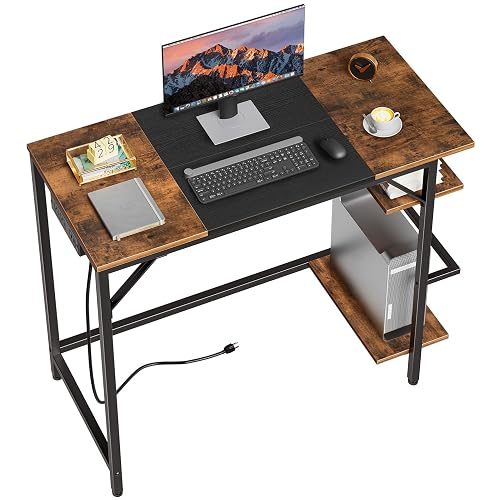 HOOBRO Small Computer Desk, 35.4 Inch Home Office Desk with Power Outlet, Writing Desk with 2 Shelves, Modern Small Desk for Home Office, Study, Easy to Assemble, Rustic Brown and Black BF43UDN01