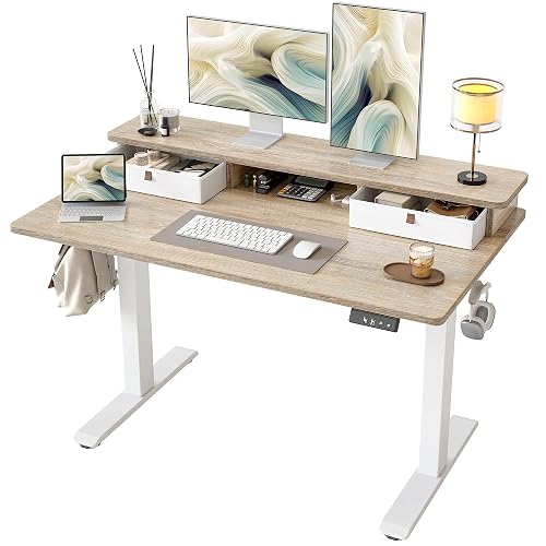 TIQLAB 48 * 24 inch Standing Desk with Two Drawers&Top Shelf, Maple | Smooth Height Adjustment, 2 Memory Presets, One-Touch Control, Stable Steel Frame, 176 lbs Capacity, Easy Assembly