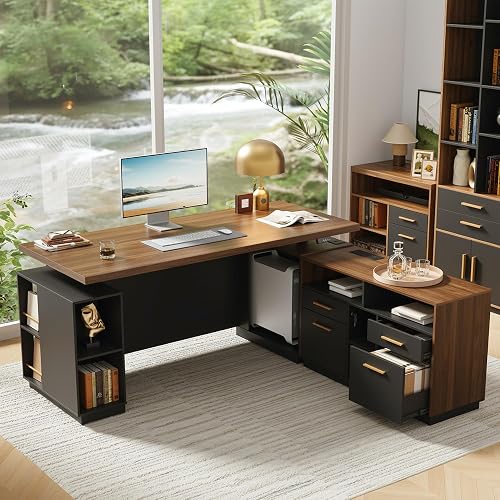 ModernMate 71" L Shaped Executive Standing Desk with 4 Drawers | Electric Height Adjustable Standing Desk with Privacy Panel, AC/USB, Home Office Workstation with File Cabinet, Black Walnut