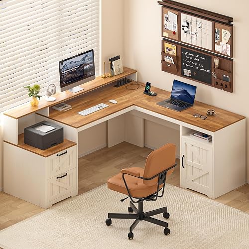 63" Farmhouse L Shaped Desk with Drawers & Printer Shelf for Home Office | Corner Computer Desk with Storage, Power Outlets, L Shaped Office Desk with Monitor Stand, Printer Shelf, Antique White