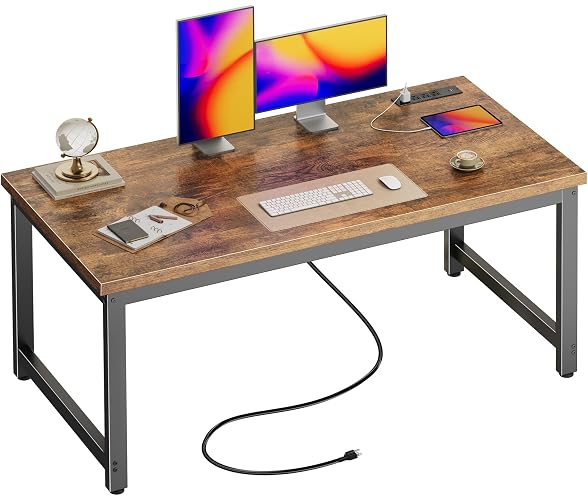 Huuger 55 x 24 inch Desk with Power Outlets & 0.95 Inch Thicker Desktop | Robust Metal Tubes, USB-C, Computer Desk, Heavy Duty Office Desk, Work Gaming Desk for Home Office, Rustic Brown