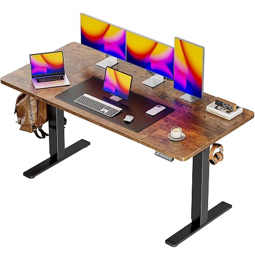 Huuger 55 x 28 Large Electric Standing Desk, Height Adjustable Computer Desk, 27.6" Deep Desktop, Stand up Gaming Office Desk with 2 Hooks, 3 Preset Heights, for Home Office, Rustic Brown, ACD134Z