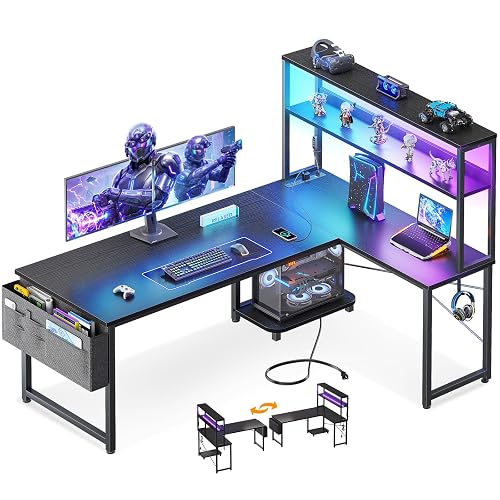 ODK 53" L Shaped Gaming Desk with Shelves, LED & Outlets, Black | Hook for headset, bag for gear. Shelves for books & supplies. LED for gaming nights. Reversible. Home office computer desk.