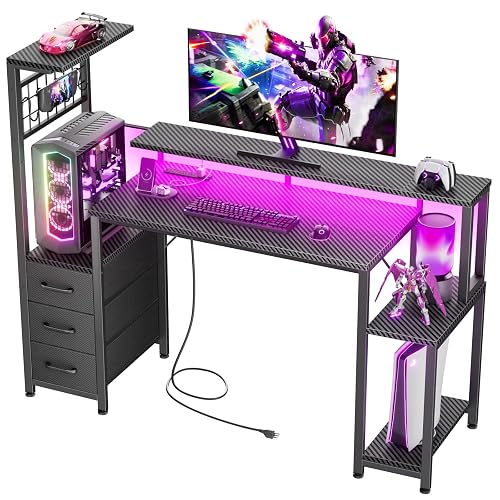 Korfile 48" Gaming Desk with Power Outlet, LED, Carbon Fiber Black Finish | Reversible Computer Desk with Monitor Stand, CPU Stand & Drawers, Gamer Table with Side Hook for Gaming, Home Office, Bedroom