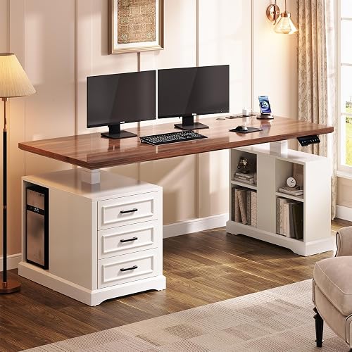 SEDETA 63" Farmhouse Electric Standing Desk with 3 Drawers, Storage Shelves | Height Adjustable Computer Desk with Power Outlets, 28"W Desktop, Wood Home Office Stand up Desk for Work, Study, White