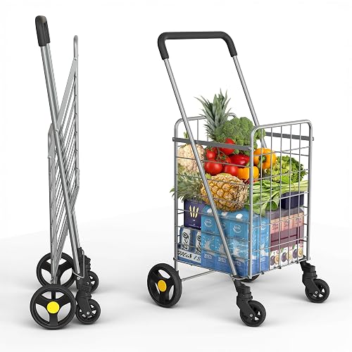 Our Modern Space Shopping Cart & 360° Swivel Wheels | Foldable Collapsible & Lightweight | Perfect for Groceries Laundry Utility Cart - Silver