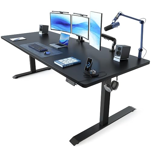 FEZIBO 71 x 37 Inch Electric Standing Desk with Integrated Dual-Beam & Cable Management, Memory Height Adjustable Computer Desk for Home Office Workstation, 1" Thick Large 3-Piece Tabletop Black