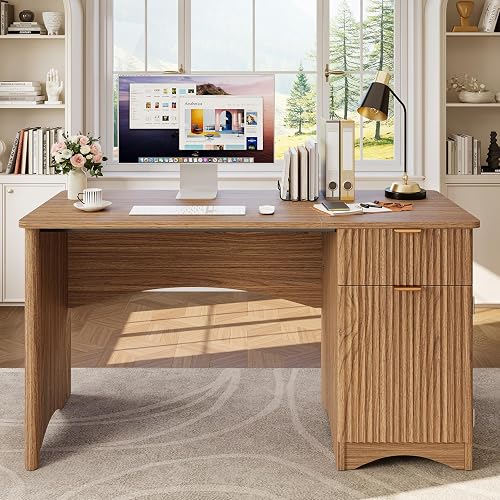 Bestier Computer Desk with Drawer, 47 inch Office Desk with Storage Cabinet, Modern Wood Desk Adjustable Shelves for Home Office Bedroom Study, Brown Oak
