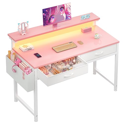 DurayLoly 31Inch Small Computer Desk with LED Lights & 2 Fabric Drawers | Gaming Desk with Side Pocket & Ergonomic Monitor Stand, Small Space Study Writing Table with Anti-Tip Design,Pink