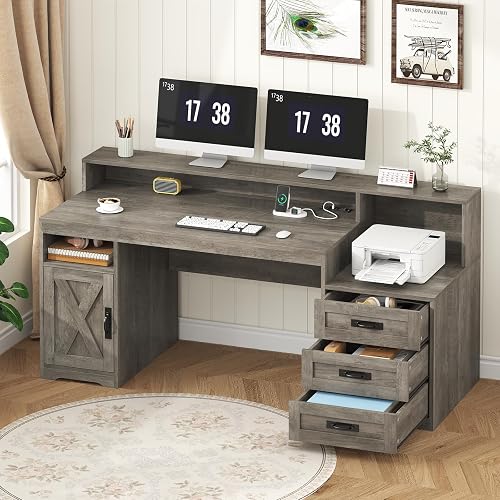65" Farmhouse Computer Desk with Drawers and Printer Stand for Home Office | Office Desk with Power Outlets and Storage Cabinet, Study Writing Desks with Long Monitor Stand, Grey