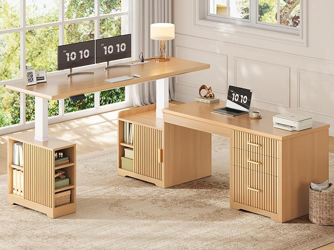 SEDETA Fluted L Shaped Electric Standing Desk, 63" x 67" Height Adjustable Home Office Executive Desk with Drawers and Shelves, Two Person Desk with Power Outlet for Home Office, Oak