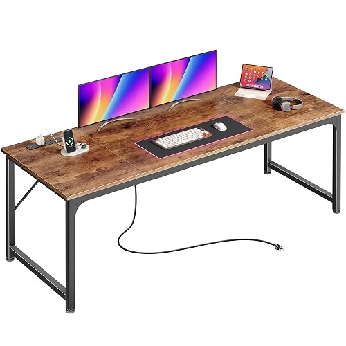 PRAISUN 70x24 Inch Computer Desk with Power Outlets & USB-C, Rustic Brown | Office Desk with 4 AC Outlets, USB & USB-C, Heavy Duty Metal Frame, Spacious Desktop for Work, Writing, Study & Gaming