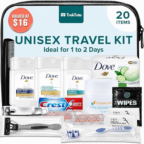 TREKTOTE Travel Essentials Hygiene Kit Premium TSA Approved (1 Pack) | Shampoo, Conditioner, Body Wash, Soap, Deodorant, Toothpaste, Razor, Toothbrush, Comb Per Kit. For Shelters, Schools Outreach