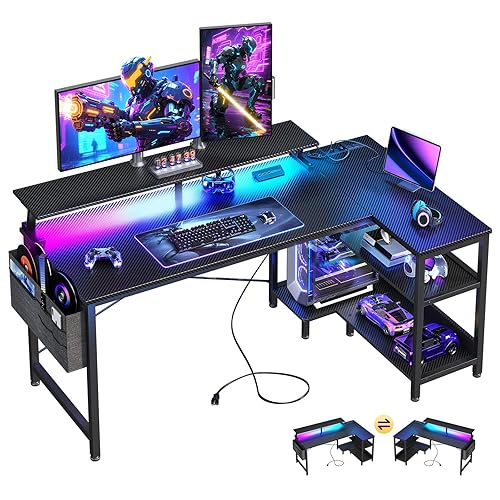 ODK 48 Inch L Shaped Gaming Desk with LED Lights, Power Outlets, Black | Adjustable Monitor Stand, Open Storage Shelves, Hanging Side Bag, PC Tower Stand, Reversible Layout for Gaming
