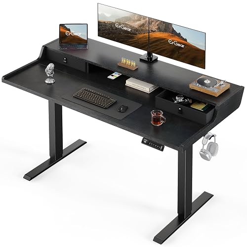 ErGear Electric Standing Desk with Drawers, 55″ x 28″ Gaming Table Compatible Monitor Stand, Stand up Desks, Home Office Height-Adjustable Desk with Storage Shelf, 4 Preset Heights, Black