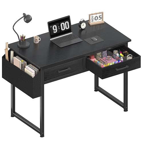 DLisiting 32 Inch Small Desk with Drawers, Black | For Bedroom, Kids Desk, 2 Fabric Drawers, For Small Space, Study Writing Table PC Desks