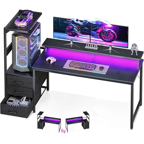 AODK Gaming Desk w/PC Showcase Stand, 59" Reversible, RGB LED | For compact pc tower Triple drawers hide cables, controllers, clutter