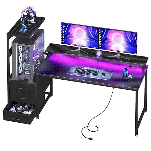 AODK Gaming Desk w/PC Showcase Stand, 59" Reversible, RGB LED, Black | Elevated stand fits Lian Li O11, Hyte Y60. Triple drawers hide cables, controllers, clutter