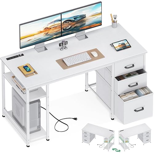 AODK 51 Inch White Computer Desk with Drawers & USB Power Outlets | Reversible Home Office Desk with Storage Shelves, Work from Home, Modern Work/Writing/Study Table for Bedroom, White